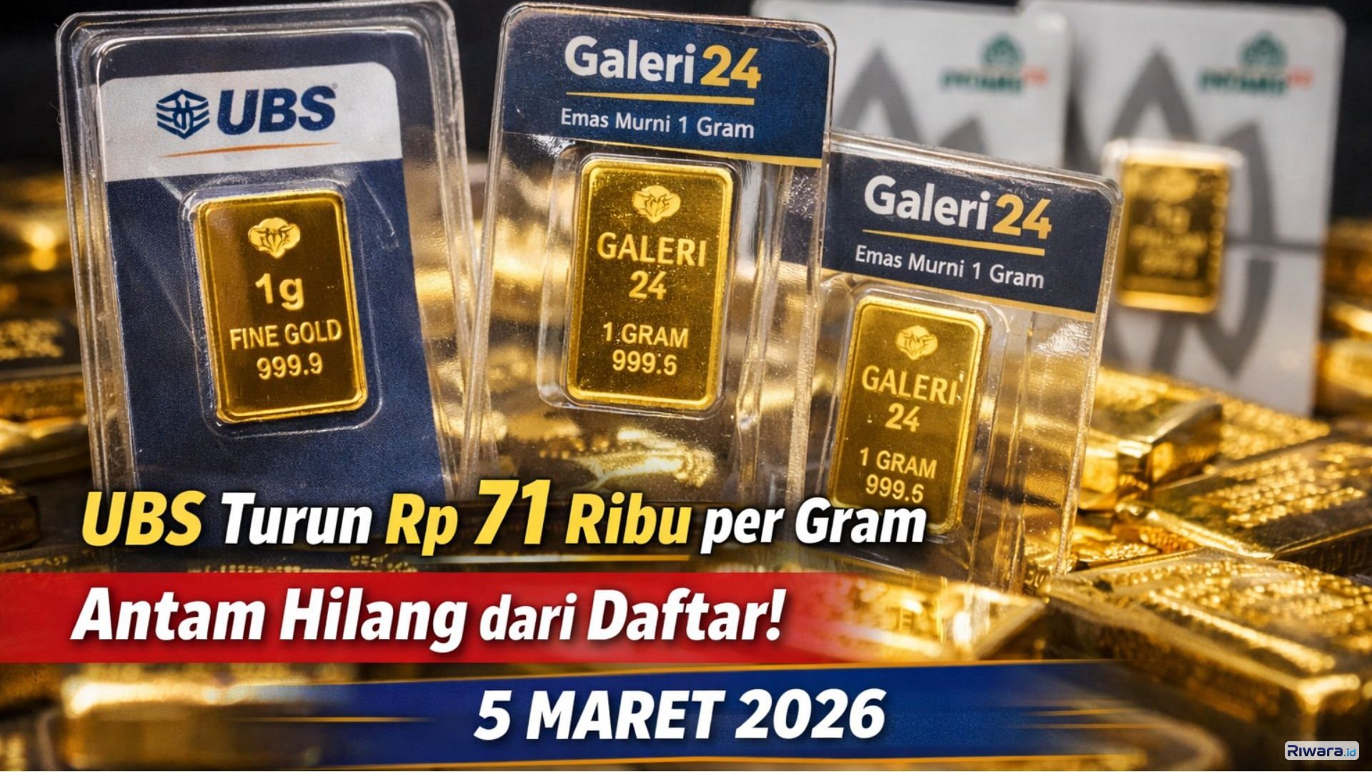 Ilustrasi emas batangan. Harga emas di PT Pegadaian untuk cetakan UBS dan Galeri24 tercatat turun pada perdagangan 5 Maret 2026.
